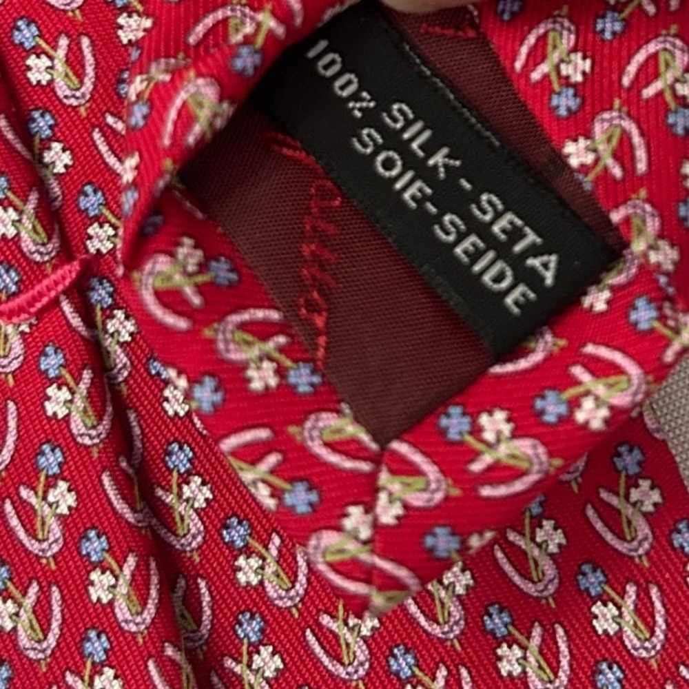 Salvatore Ferragamo Silk Tie Mens Red Horseshoe Floral Made in Italy 60x3" - Picture 4 of 7